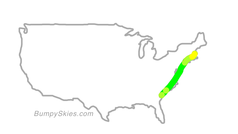 Map of continental US with illustrated flight path and turbulence forecast (described in text below)
