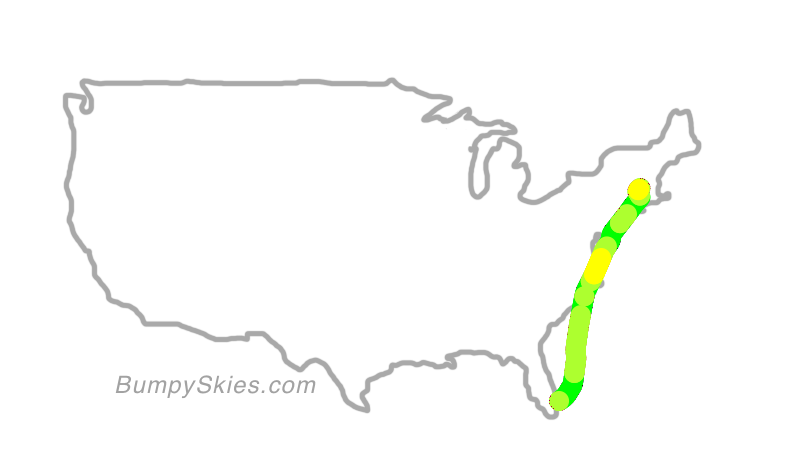 Map of continental US with illustrated flight path and turbulence forecast (described in text below)