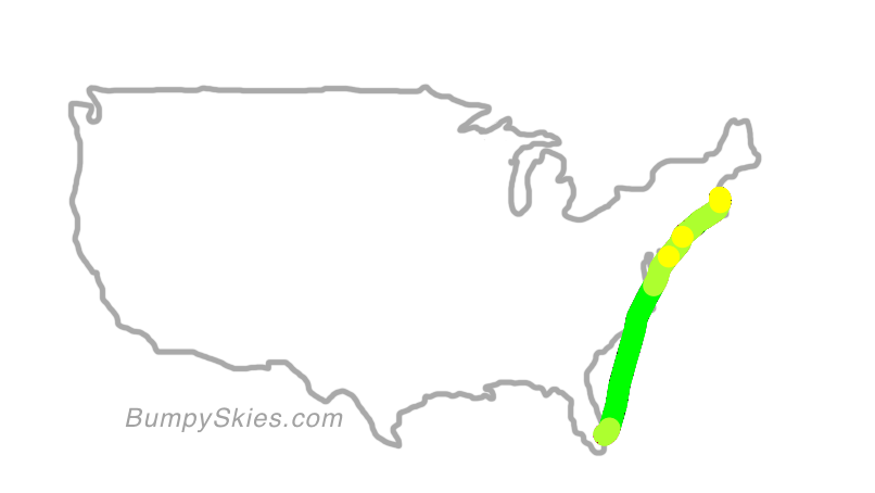 Map of continental US with illustrated flight path and turbulence forecast (described in text below)