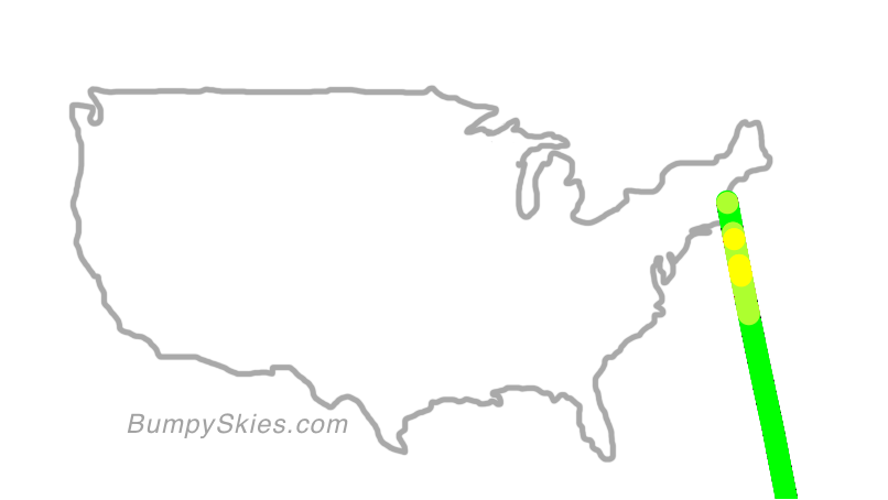 Map of continental US with illustrated flight path and turbulence forecast (described in text below)