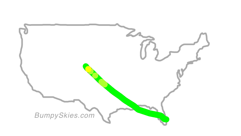 Map of continental US with illustrated flight path and turbulence forecast (described in text below)