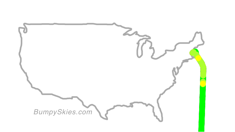 Map of continental US with illustrated flight path and turbulence forecast (described in text below)