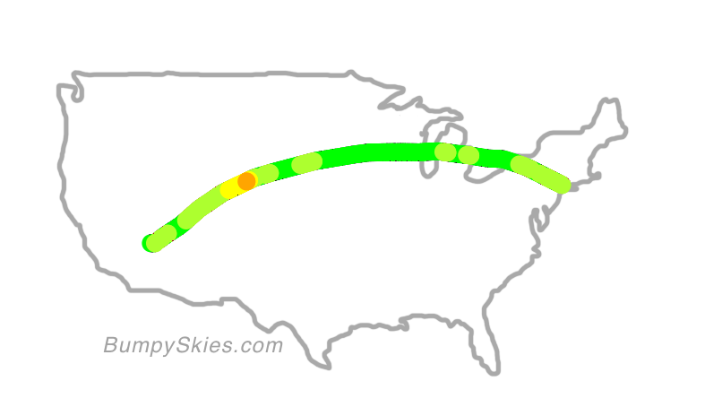 Map of continental US with illustrated flight path and turbulence forecast (described in text below)