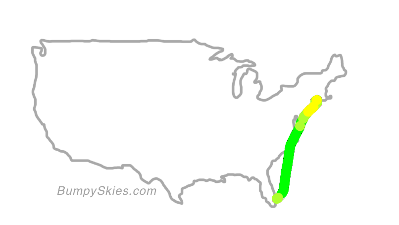 Map of continental US with illustrated flight path and turbulence forecast (described in text below)