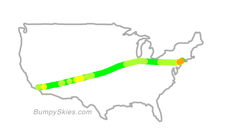 Map of continental US with illustrated flight path and turbulence forecast (described in text below)