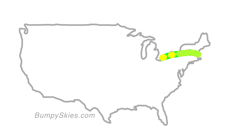 Map of continental US with illustrated flight path and turbulence forecast (described in text below)
