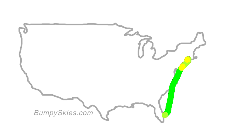 Map of continental US with illustrated flight path and turbulence forecast (described in text below)