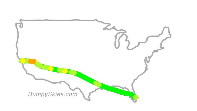 Map of continental US with illustrated flight path and turbulence forecast (described in text below)