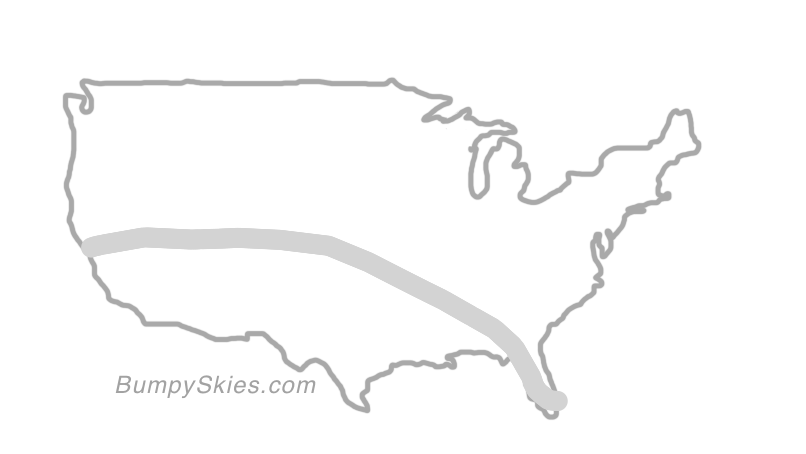 Map of continental US with illustrated flight path and turbulence forecast (described in text below)