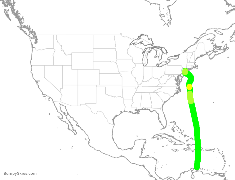 Turbulence forecast map for JBU58, AUA to JFK
