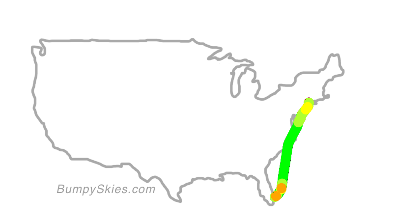 Map of continental US with illustrated flight path and turbulence forecast (described in text below)