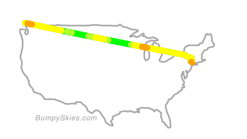 Map of continental US with illustrated flight path and turbulence forecast (described in text below)