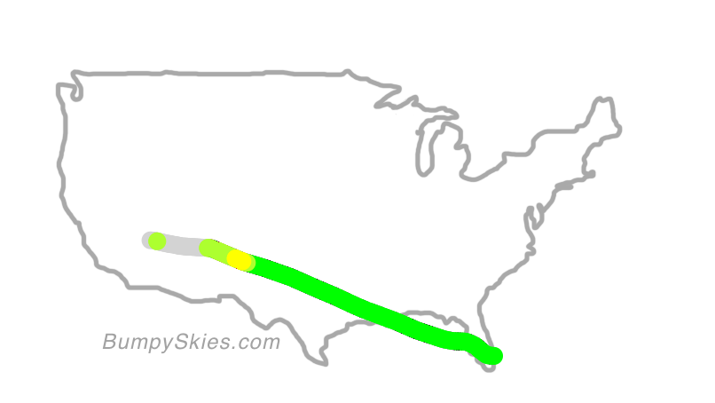 Map of continental US with illustrated flight path and turbulence forecast (described in text below)