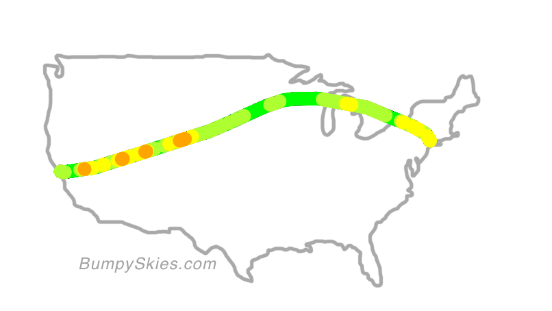 Map of continental US with illustrated flight path and turbulence forecast (described in text below)