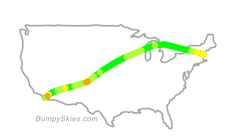 Map of continental US with illustrated flight path and turbulence forecast (described in text below)
