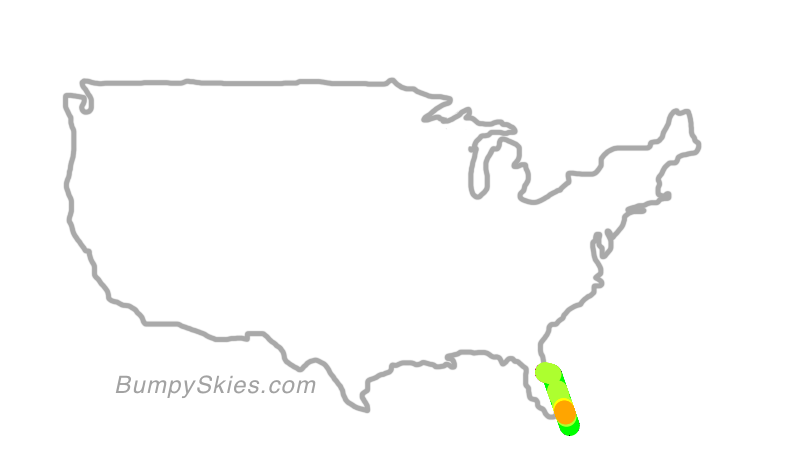 Map of continental US with illustrated flight path and turbulence forecast (described in text below)