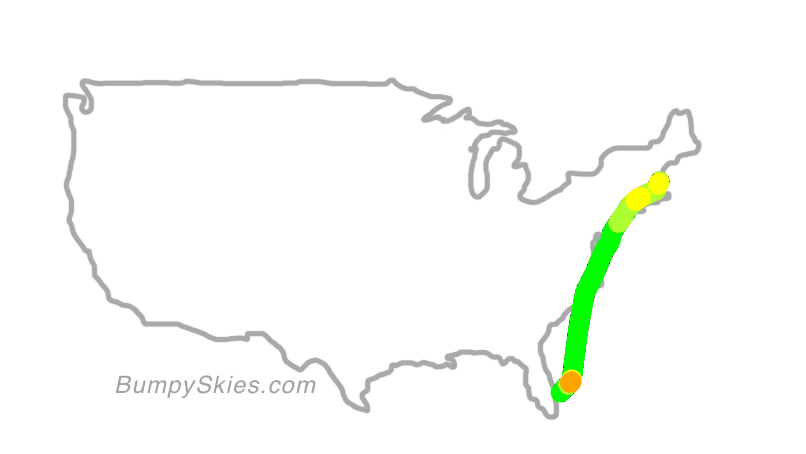 Map of continental US with illustrated flight path and turbulence forecast (described in text below)