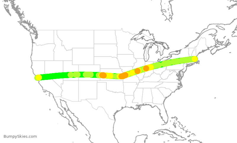 Turbulence forecast map for JBU633, BOS to SFO