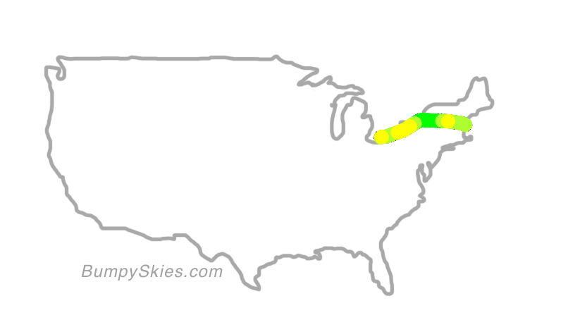 Map of continental US with illustrated flight path and turbulence forecast (described in text below)