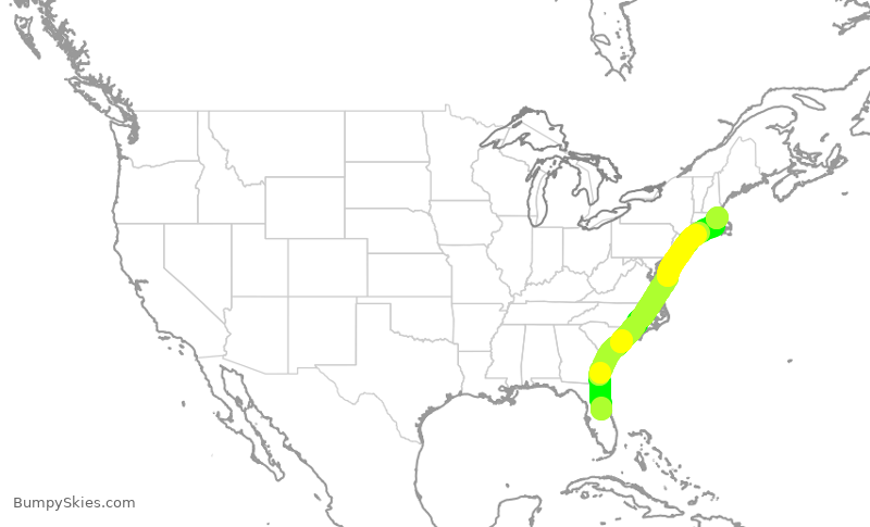 Turbulence forecast map for JBU652, MCO to BOS