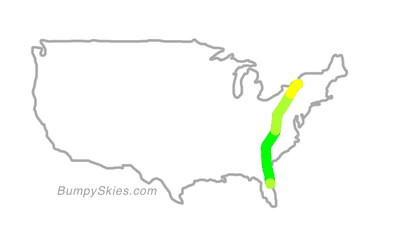 Map of continental US with illustrated flight path and turbulence forecast (described in text below)