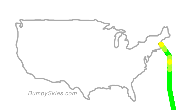 Map of continental US with illustrated flight path and turbulence forecast (described in text below)