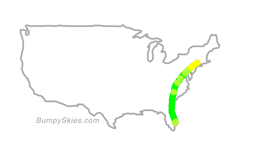 Map of continental US with illustrated flight path and turbulence forecast (described in text below)