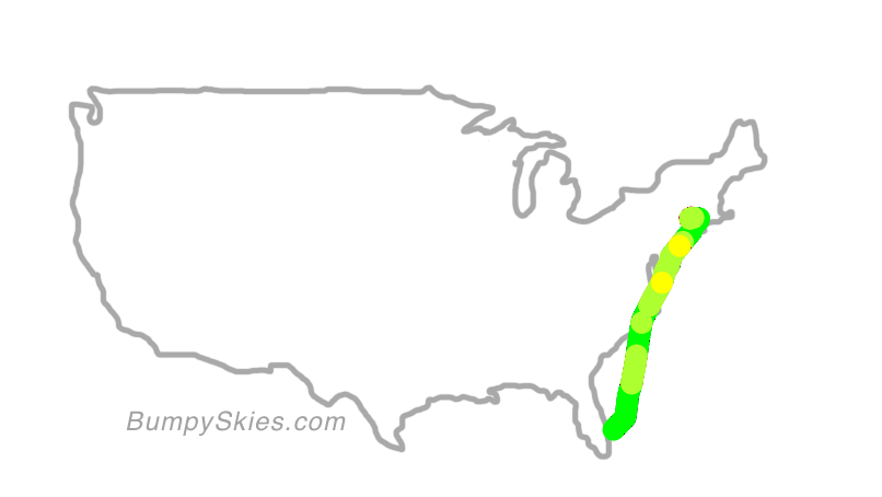 Map of continental US with illustrated flight path and turbulence forecast (described in text below)