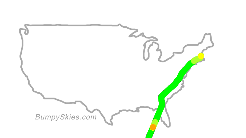 Map of continental US with illustrated flight path and turbulence forecast (described in text below)