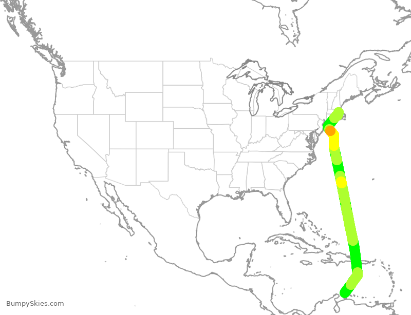 Turbulence forecast map for JBU674, AUA to BOS