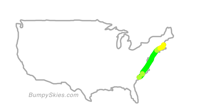 Map of continental US with illustrated flight path and turbulence forecast (described in text below)