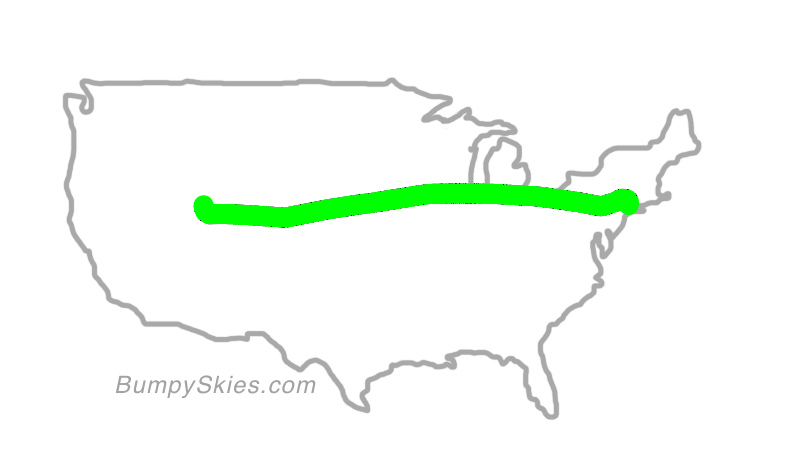 Map of continental US with illustrated flight path and turbulence forecast (described in text below)