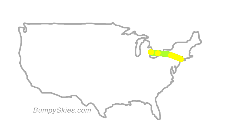Map of continental US with illustrated flight path and turbulence forecast (described in text below)