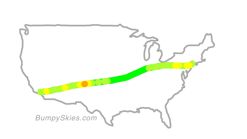 Map of continental US with illustrated flight path and turbulence forecast (described in text below)
