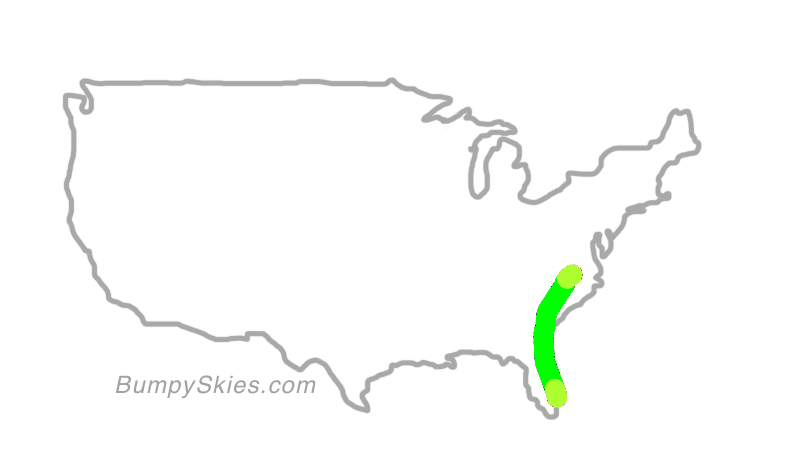 Map of continental US with illustrated flight path and turbulence forecast (described in text below)