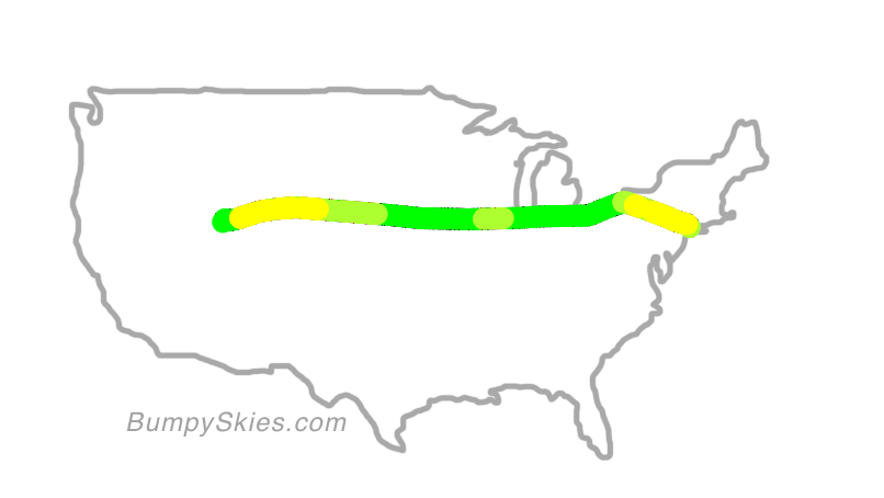 Map of continental US with illustrated flight path and turbulence forecast (described in text below)