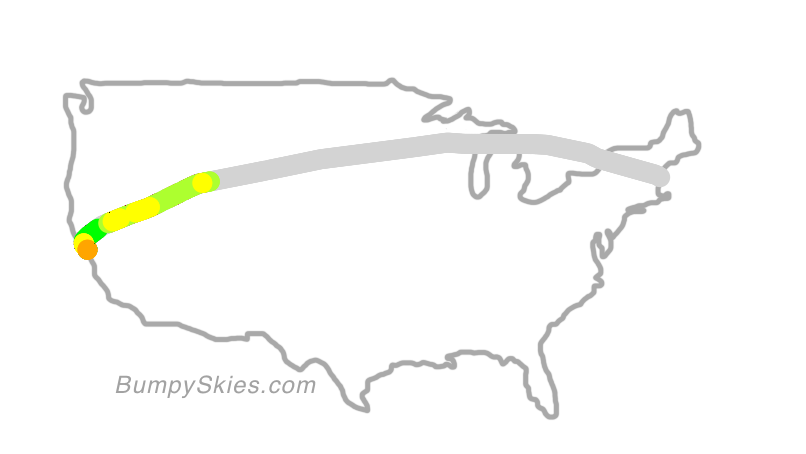 Map of continental US with illustrated flight path and turbulence forecast (described in text below)
