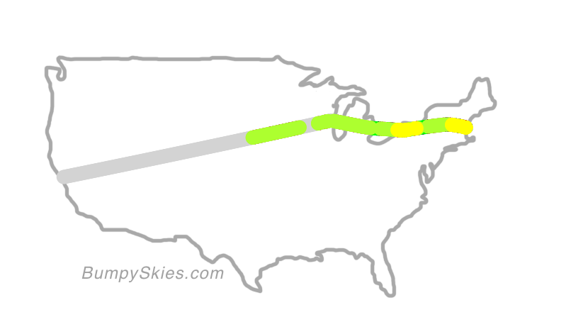 Map of continental US with illustrated flight path and turbulence forecast (described in text below)