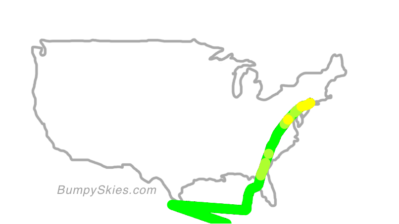 Map of continental US with illustrated flight path and turbulence forecast (described in text below)