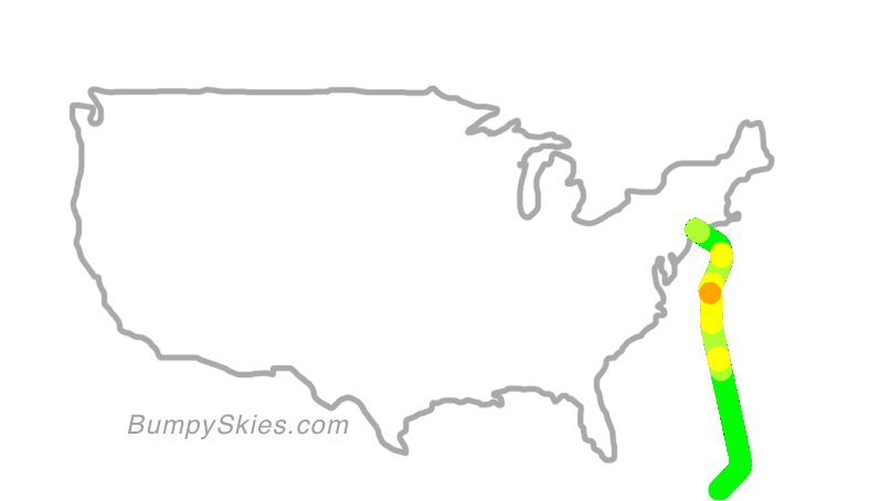 Map of continental US with illustrated flight path and turbulence forecast (described in text below)