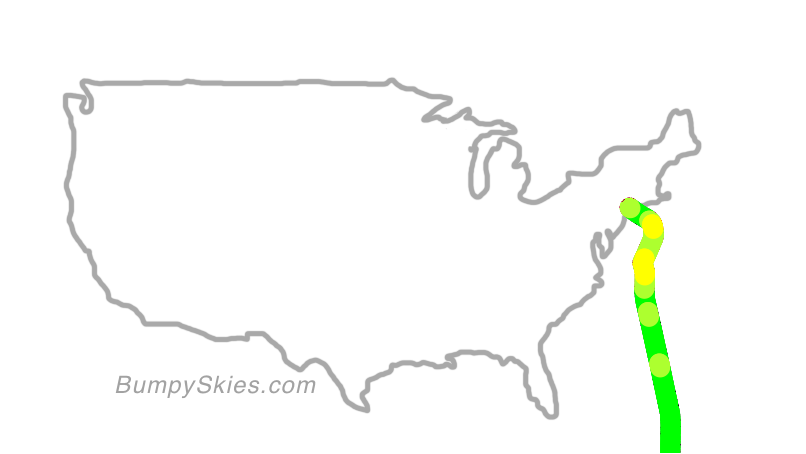 Map of continental US with illustrated flight path and turbulence forecast (described in text below)