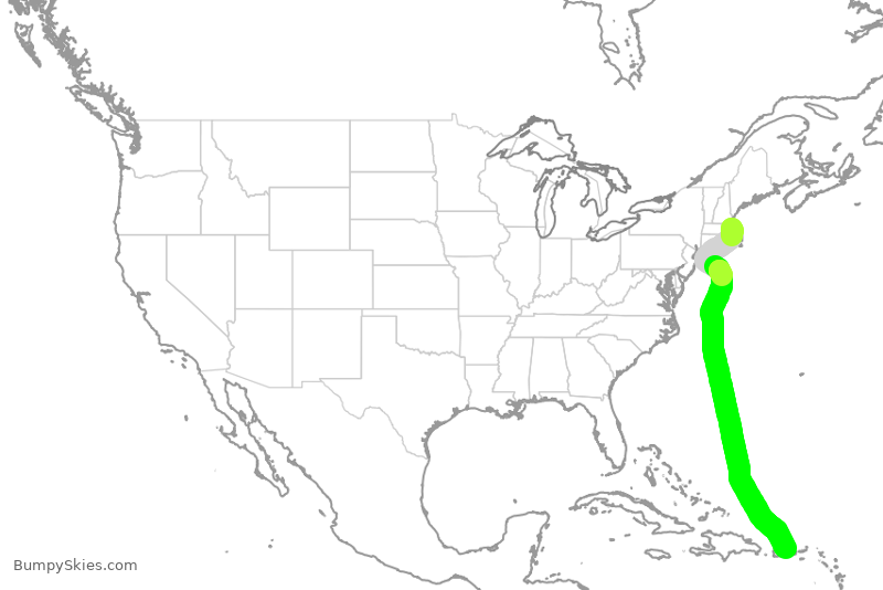Turbulence forecast map for JBU761, BOS to SJU