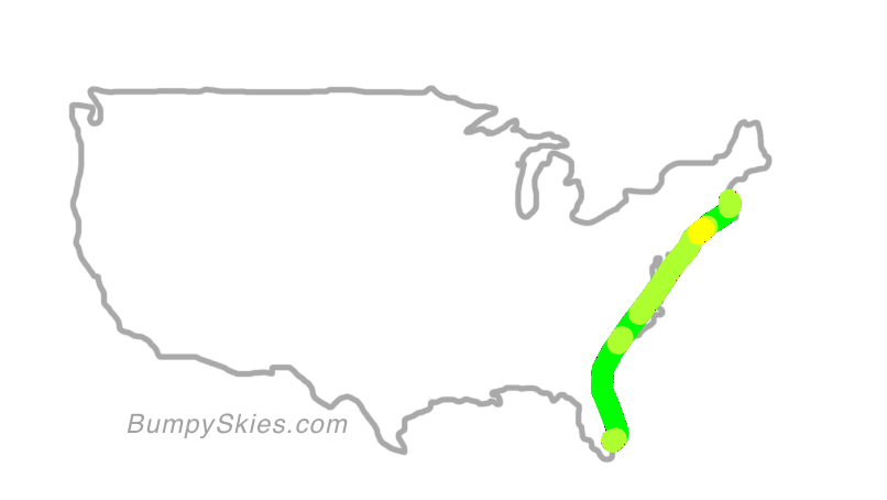 Map of continental US with illustrated flight path and turbulence forecast (described in text below)