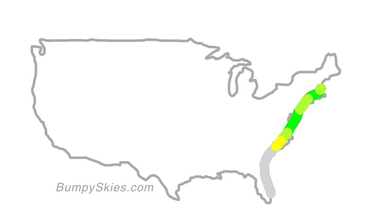 Map of continental US with illustrated flight path and turbulence forecast (described in text below)