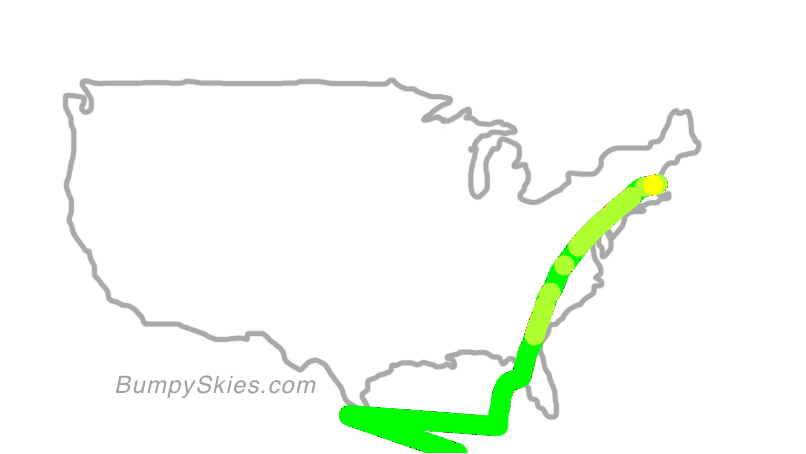 Map of continental US with illustrated flight path and turbulence forecast (described in text below)