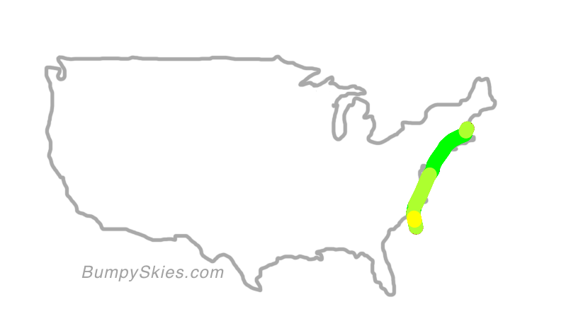 Map of continental US with illustrated flight path and turbulence forecast (described in text below)