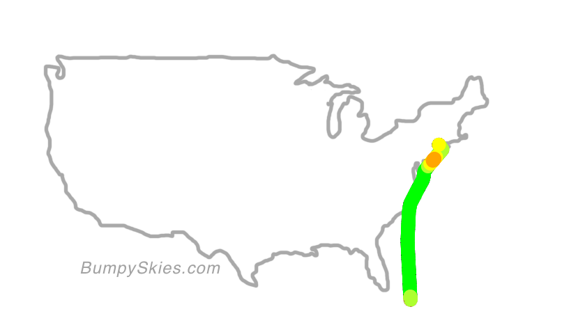 Map of continental US with illustrated flight path and turbulence forecast (described in text below)