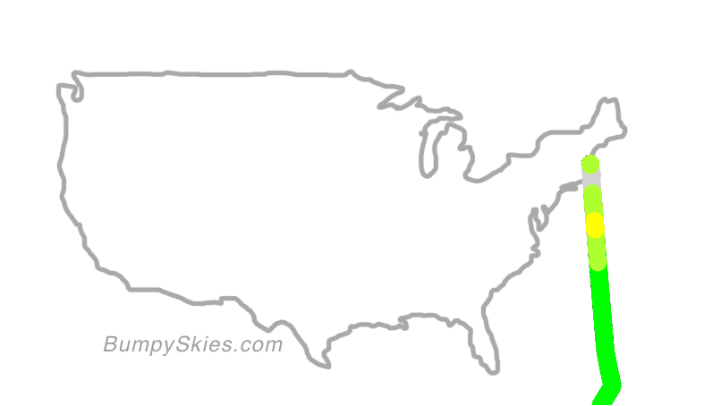 Map of continental US with illustrated flight path and turbulence forecast (described in text below)