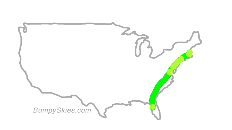 Map of continental US with illustrated flight path and turbulence forecast (described in text below)
