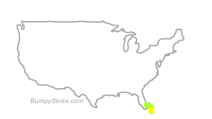 Map of continental US with illustrated flight path and turbulence forecast (described in text below)